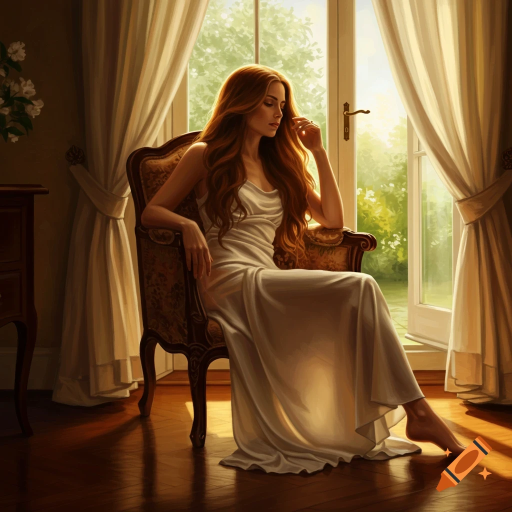 A digital painting of a woman with long red hair sitting in an ornate chair by a sunlit window, wearing a white flowing dress.