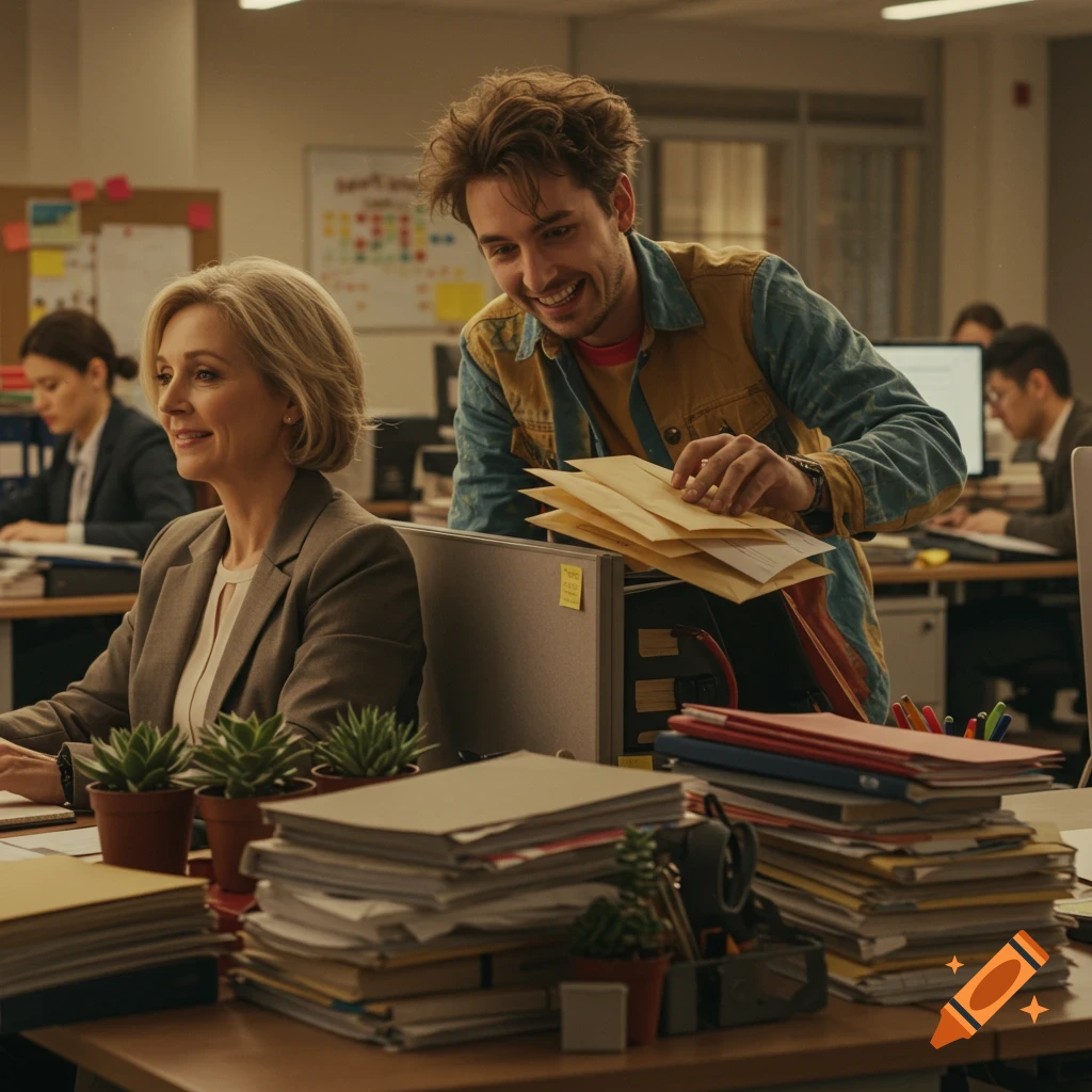 A smiling woman works at her desk while a man behind her jokingly hides her mail in a bustling office.