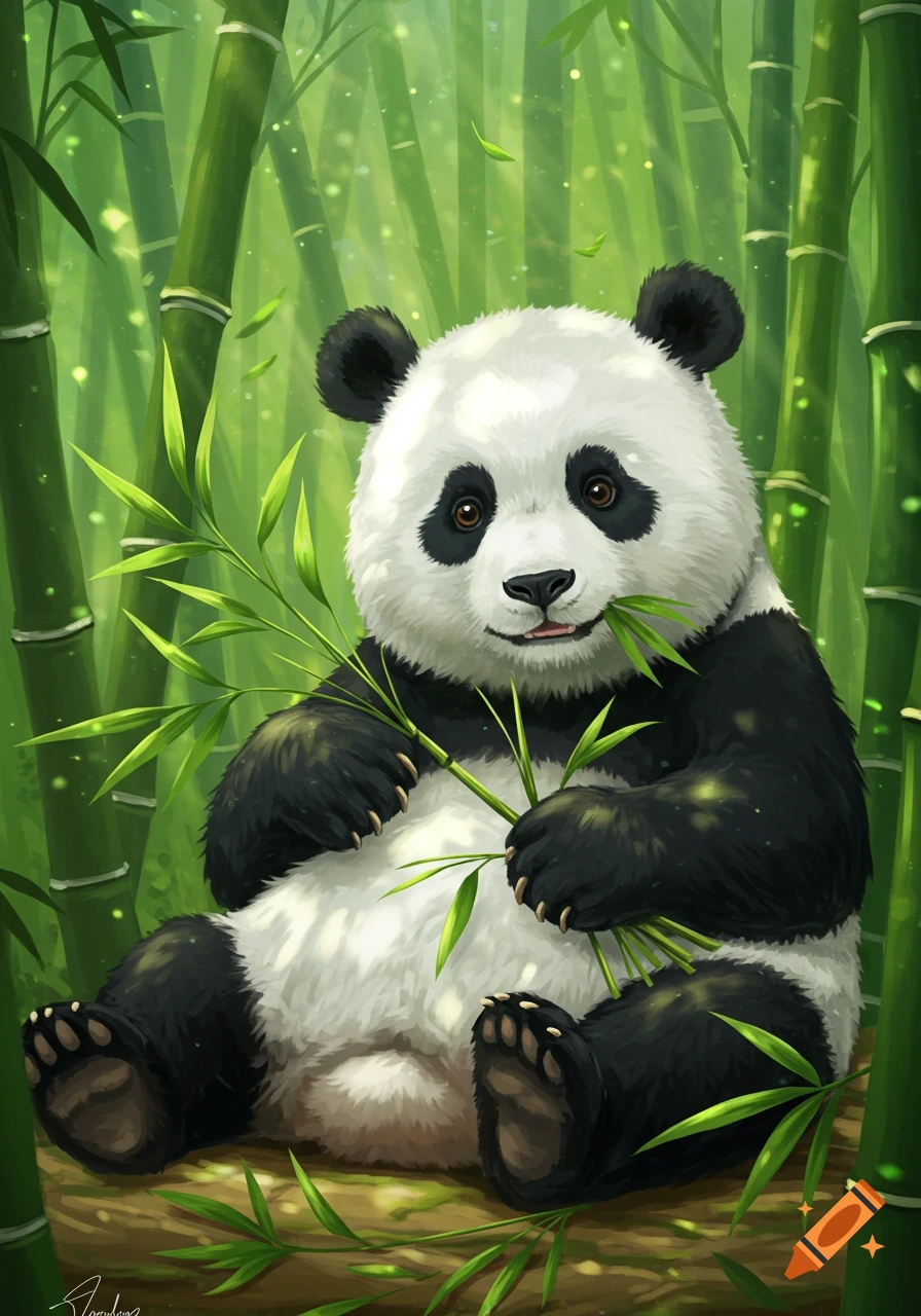 A fluffy panda sits smiling, holding and eating bamboo leaves in a vibrant green bamboo forest illustration.