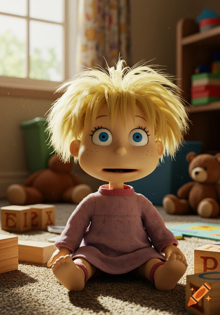 A doll resembling Cynthia from Rugrats sits on a carpet in a sunlit child's room surrounded by wooden blocks and teddy bears.