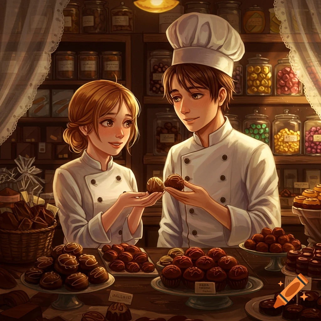 Anime illustration of two smiling chocolatiers in a cozy shop, holding chocolates and looking at each other over a counter laden with treats.