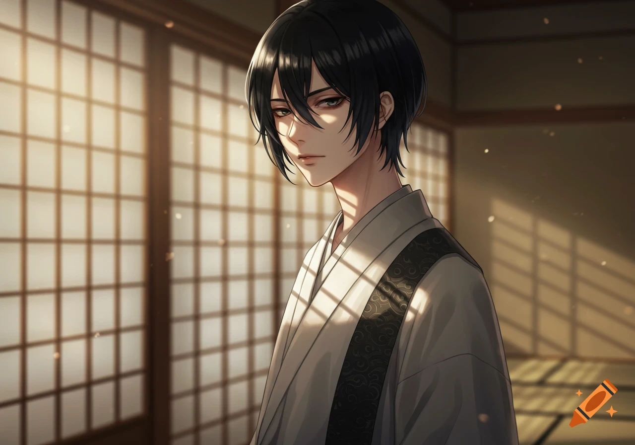 Anime portrait of a young man with black hair in a traditional Japanese robe, lit by sunlight through shoji screens.