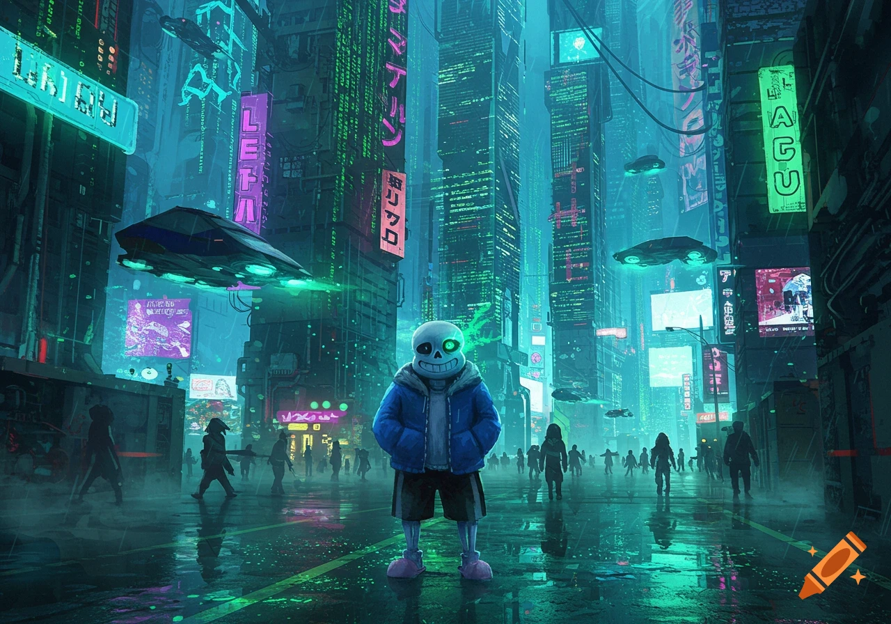 Sans from Undertale stands in a vibrant, rainy cyberpunk city street, surrounded by neon-lit skyscrapers, flying vehicles, and shadowy figures. One of Sans's eye glows green.