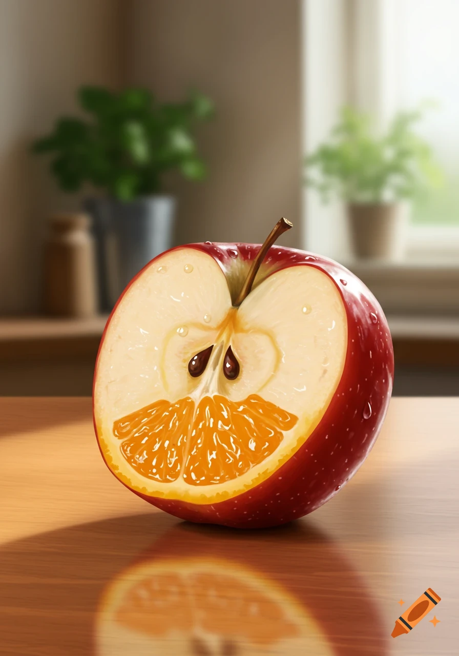 A red apple cut in half, revealing an orange segment forming its bottom half, on a wooden table.