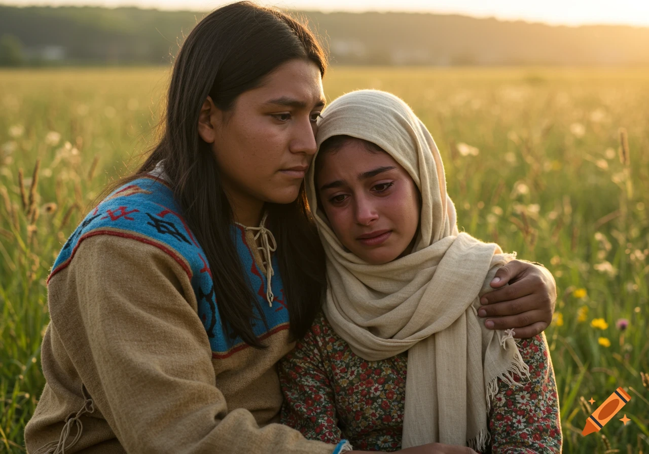 A Native American boy comforts a crying Palestinian girl in a sunlit field, with warm golden light.