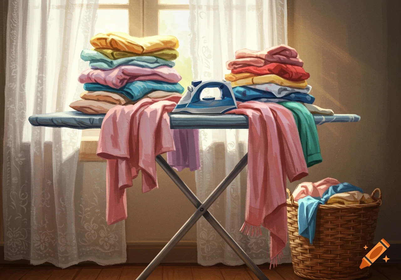 An illustrative painting of an ironing board with piles of colorful folded laundry and an iron in a sunlit room.