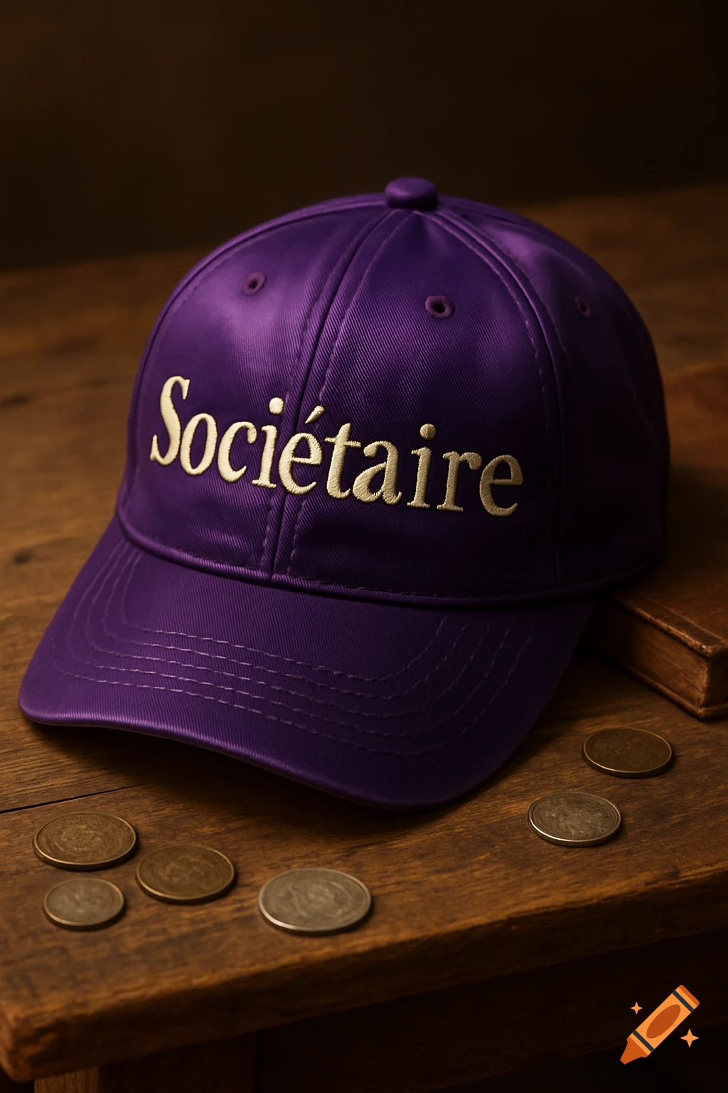 A photorealistic image of a vibrant purple baseball cap with 'Sociétaire' embroidered in gold, on a wooden table with brass coins and an old book.