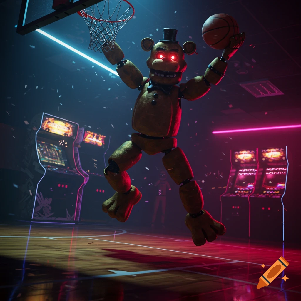 Freddy Fazbear, with glowing red eyes, jumps to dunk a basketball in a neon-lit arcade setting with confetti falling.