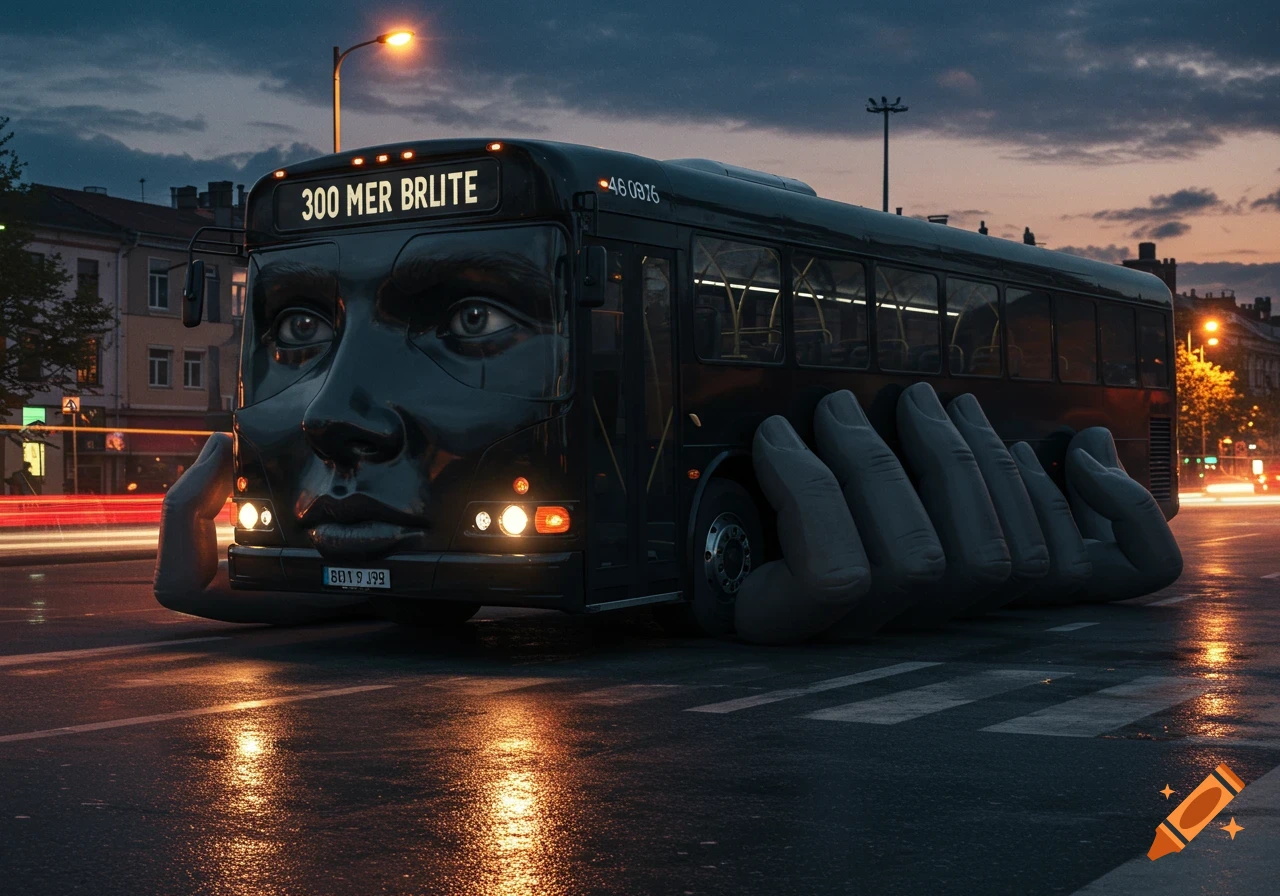 A dark, realistic bus with a human face on its front and giant hands instead of wheels, driving on a wet city street at dusk.