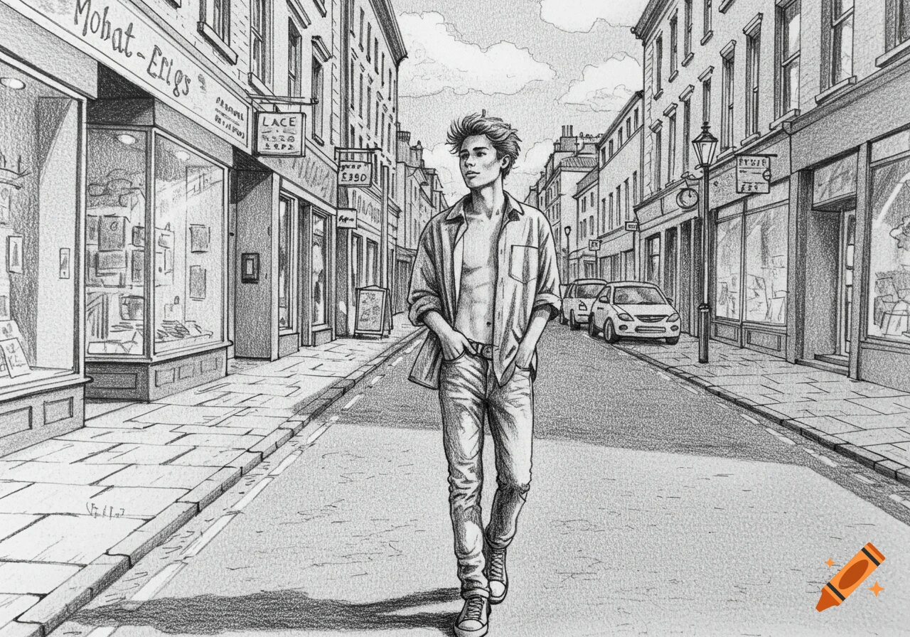 A black and white sketch of a young man with an open shirt and jeans walking down a city street lined with shops and buildings.