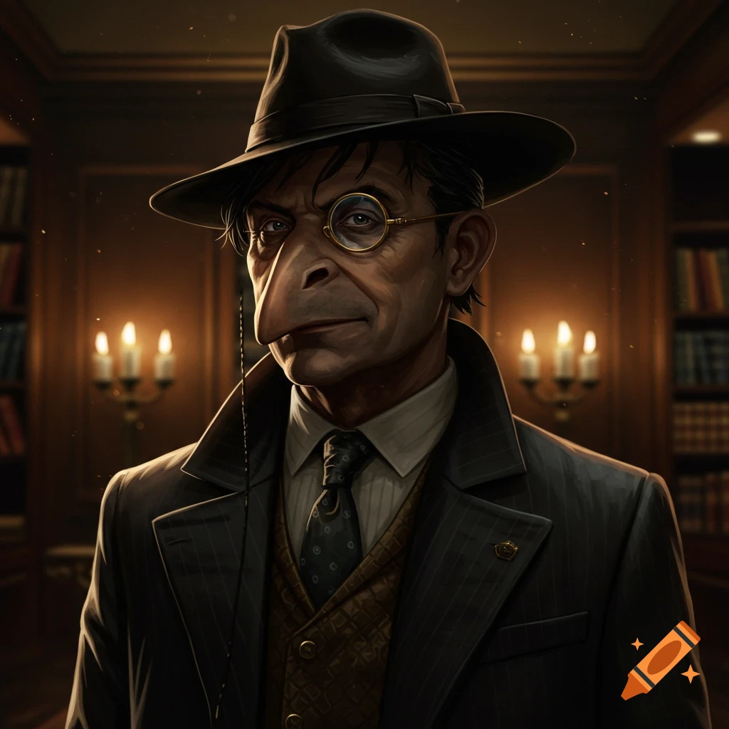 A stylized portrait of a man with a large, pointed nose and monocle, wearing a fedora and elegant pinstripe suit, in a dimly lit library.