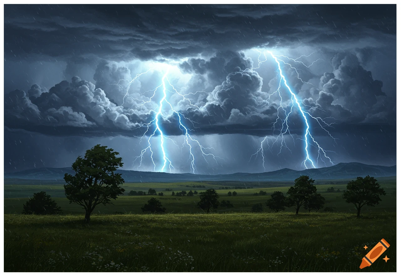 A dramatic landscape with a stormy sky, heavy rain, and multiple bright lightning bolts striking over a green field with scattered trees.