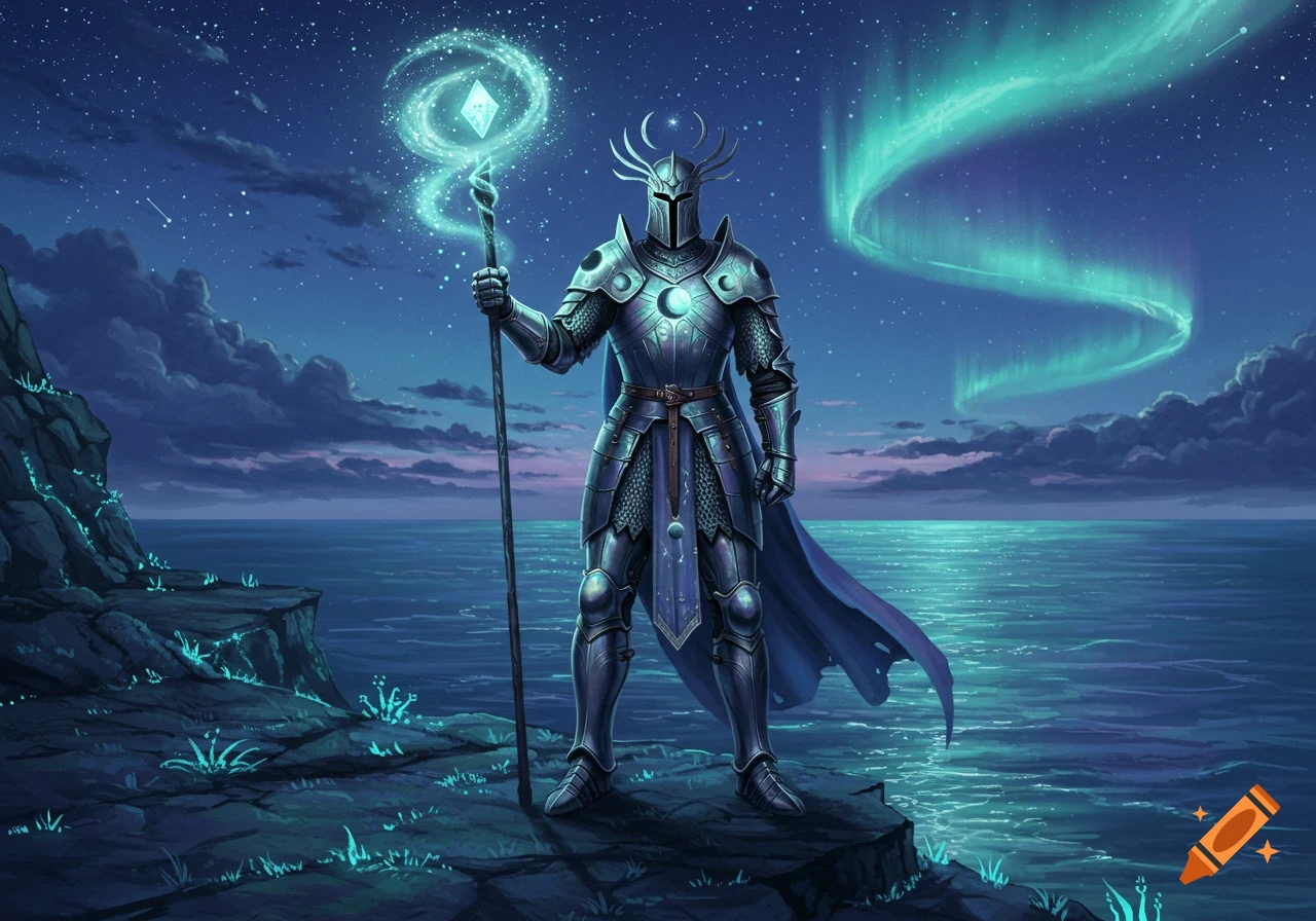 An armored knight with a glowing staff stands on a rocky cliff overlooking a serene sea under a starry night sky with an aurora.