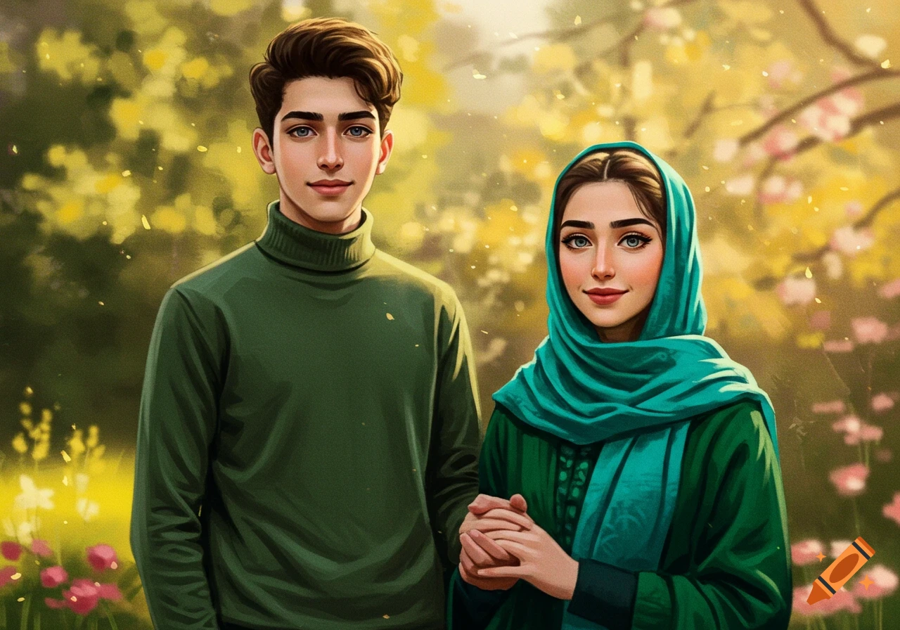 Stylized illustration of a young man in a green turtleneck standing next to a young woman in a green dress and turquoise hijab, set in a sunny, leafy outdoor background.