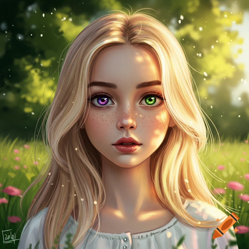 Stylized digital art portrait of a blonde girl with heterochromia, one purple and one green eye, in a sunny field.