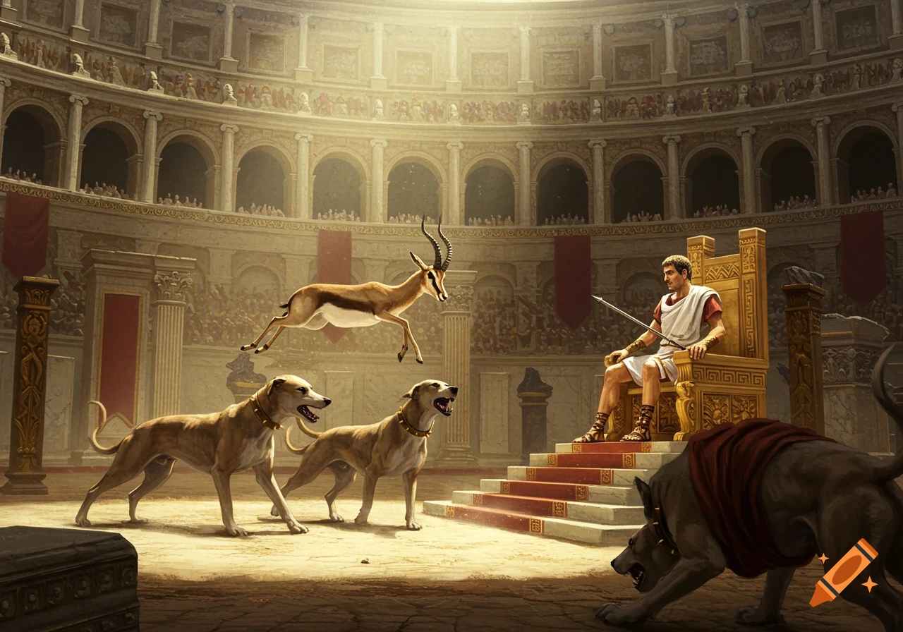 A Roman emperor on a golden throne in a coliseum watches as a gazelle leaps and hunting dogs halt reverently. The scene is bathed in a divine light, in a classical Roman style.