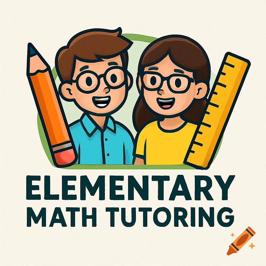 Cartoon logo of two cheerful elementary students with a pencil and ruler, text reads 'ELEMENTARY MATH TUTORING'.