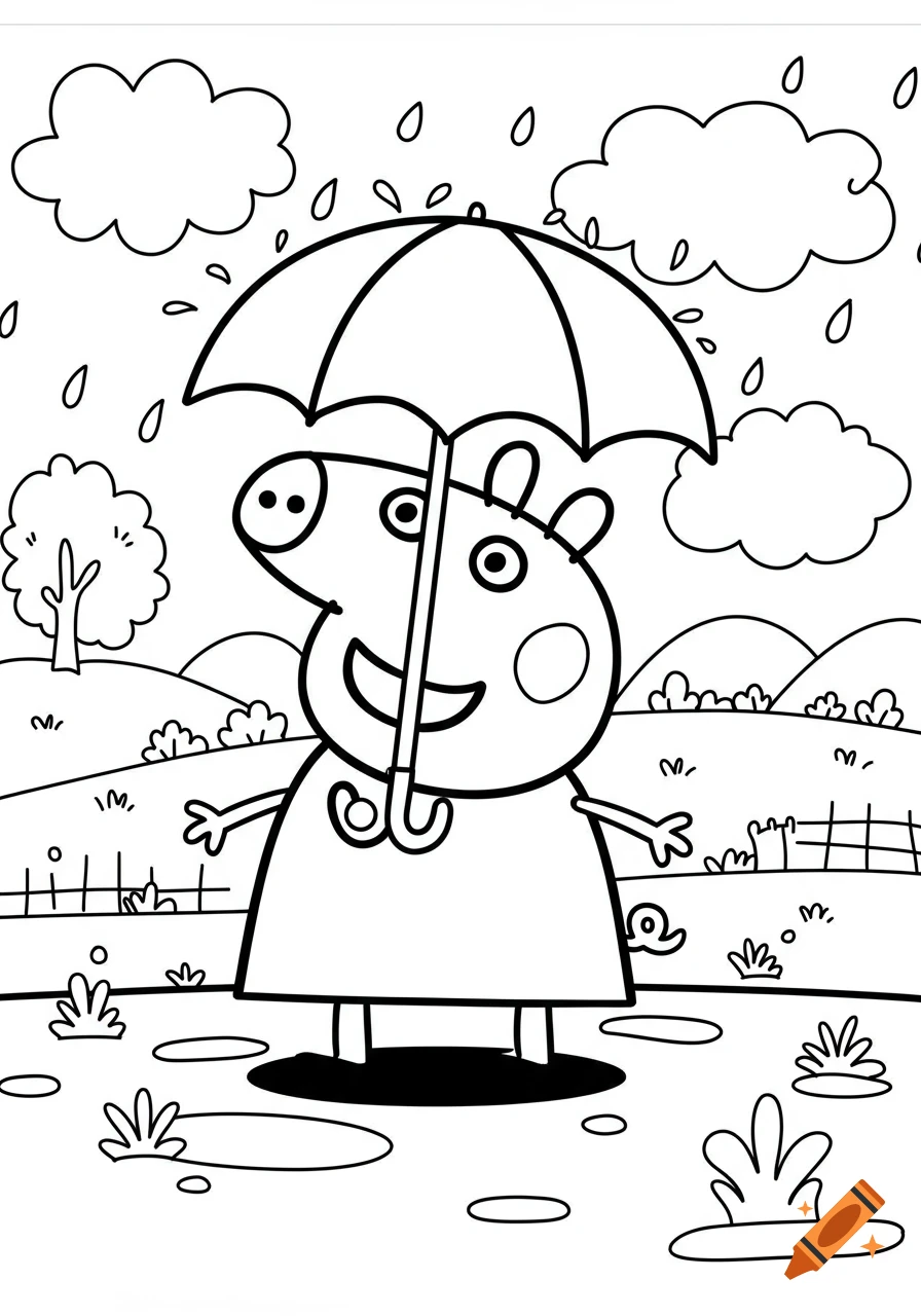 Peppa Pig holding an umbrella in the rain, a black and white coloring page with thick outlines.