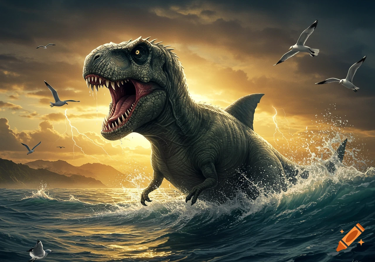 A large, green T-Rex with shark fins emerges from stormy ocean waves at sunset, mouth open, with lightning and seagulls in the sky.