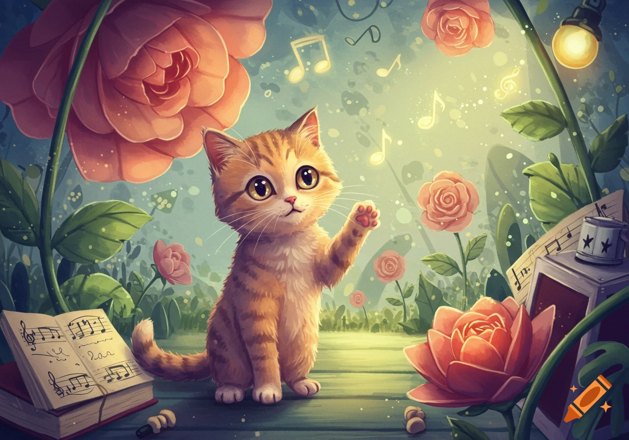 A cute, curious orange tabby kitten sits in a whimsical garden with large pink roses, glowing musical notes, and open sheet music.