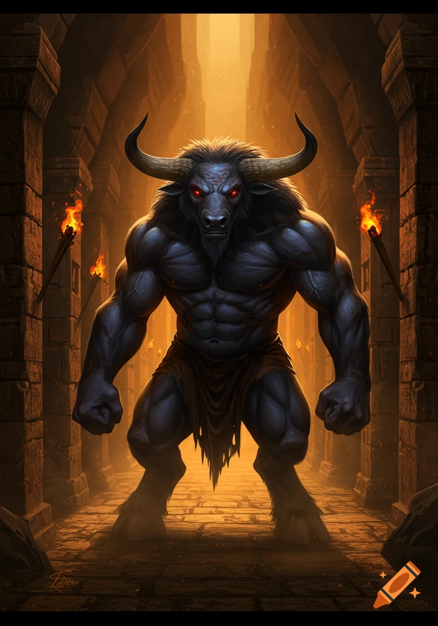 A muscular dark Minotaur with red eyes stands in a torch-lit stone corridor, wearing a tattered loincloth. Fantasy art.