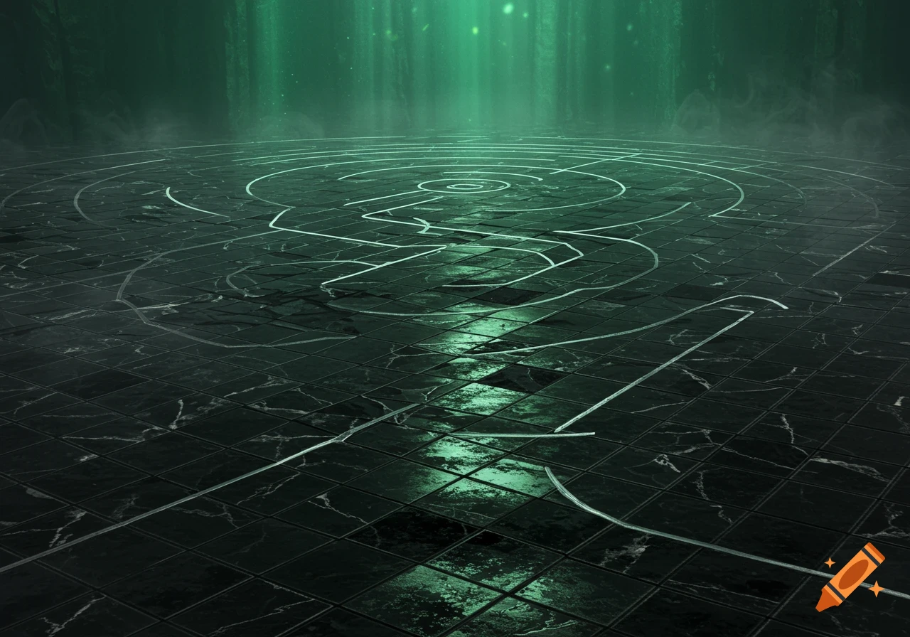 Dark, reflective obsidian-tiled floor with glowing white labyrinth lines under eerie green light.