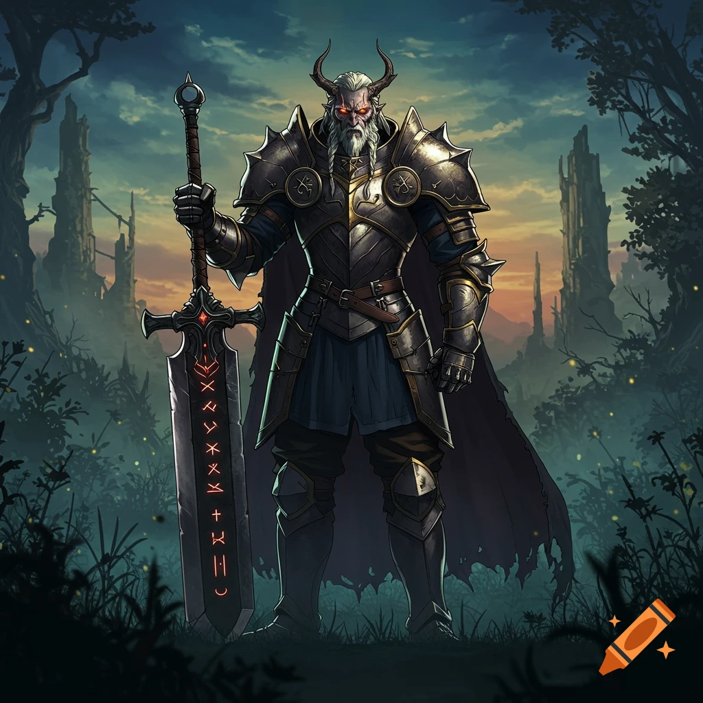 Anime illustration of a horned warrior with a white beard, red eyes, dark armor, and a cape, holding a giant rune sword in a dark fantasy forest.
