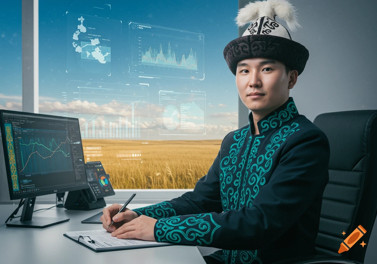 A man in traditional Kazakh attire works at a desk with futuristic data displays, looking forward.
