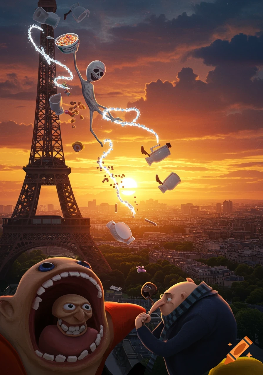 An SCP-096-like creature falls from the Eiffel Tower, eating cereal, as toilets also fall. Gru holds a minion to a giant open mouth resembling Dr. Eggman, all at sunset.