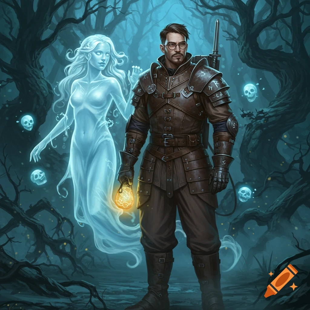A medieval armored man with a glowing lantern stands beside a ghostly woman in a dark, gnarled forest. Fantasy illustration.