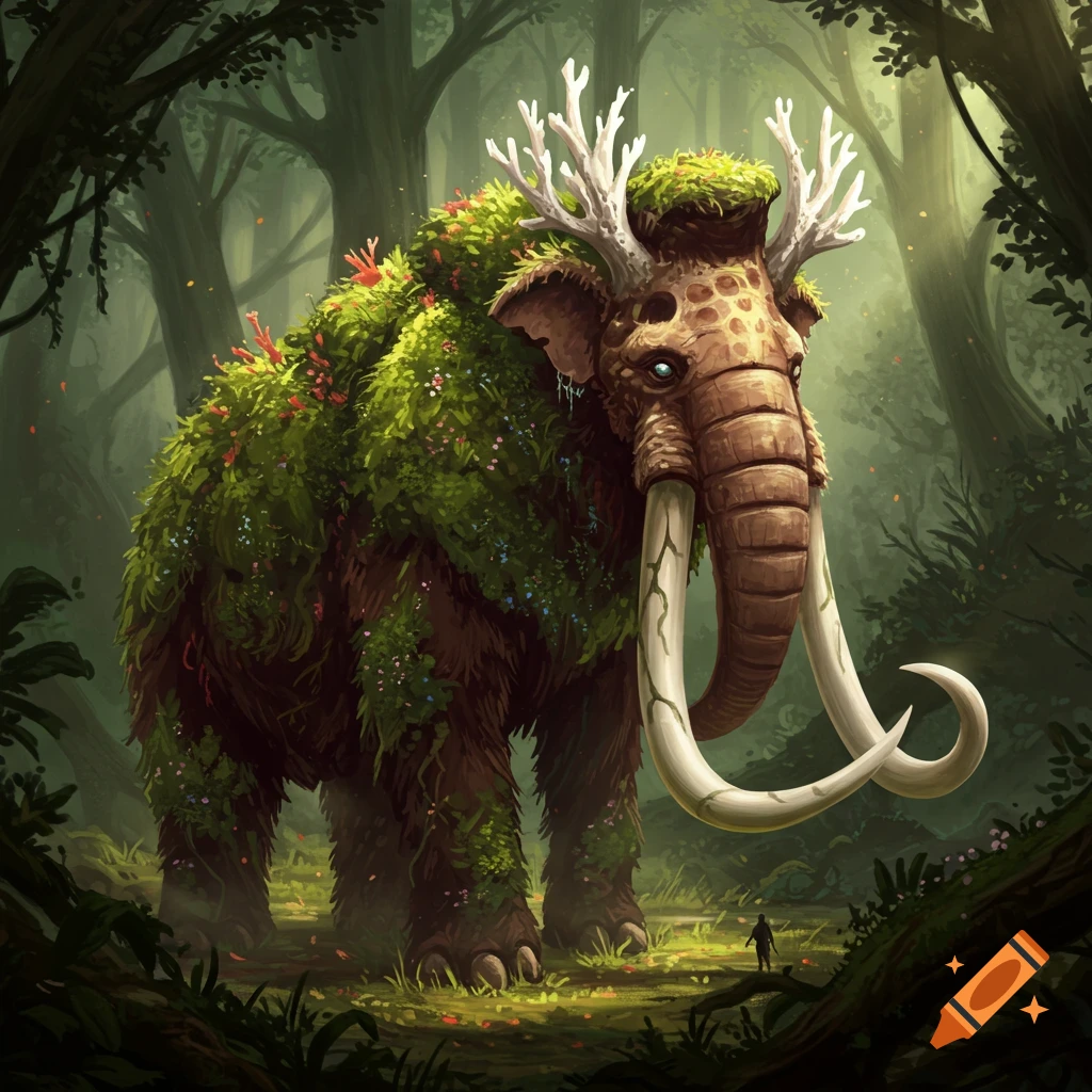 A colossal, moss-covered mammoth-like creature with white antlers and glowing eyes stands in a dark, enchanted forest. A tiny human at its feet.