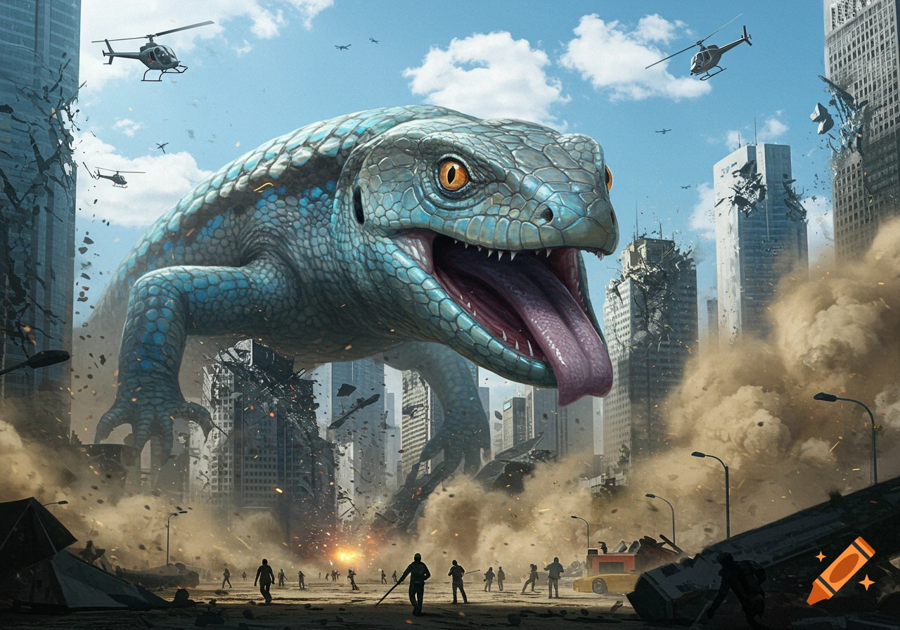 A gigantic blue lizard-like monster rampages through a city, causing widespread destruction as people flee and helicopters hover.