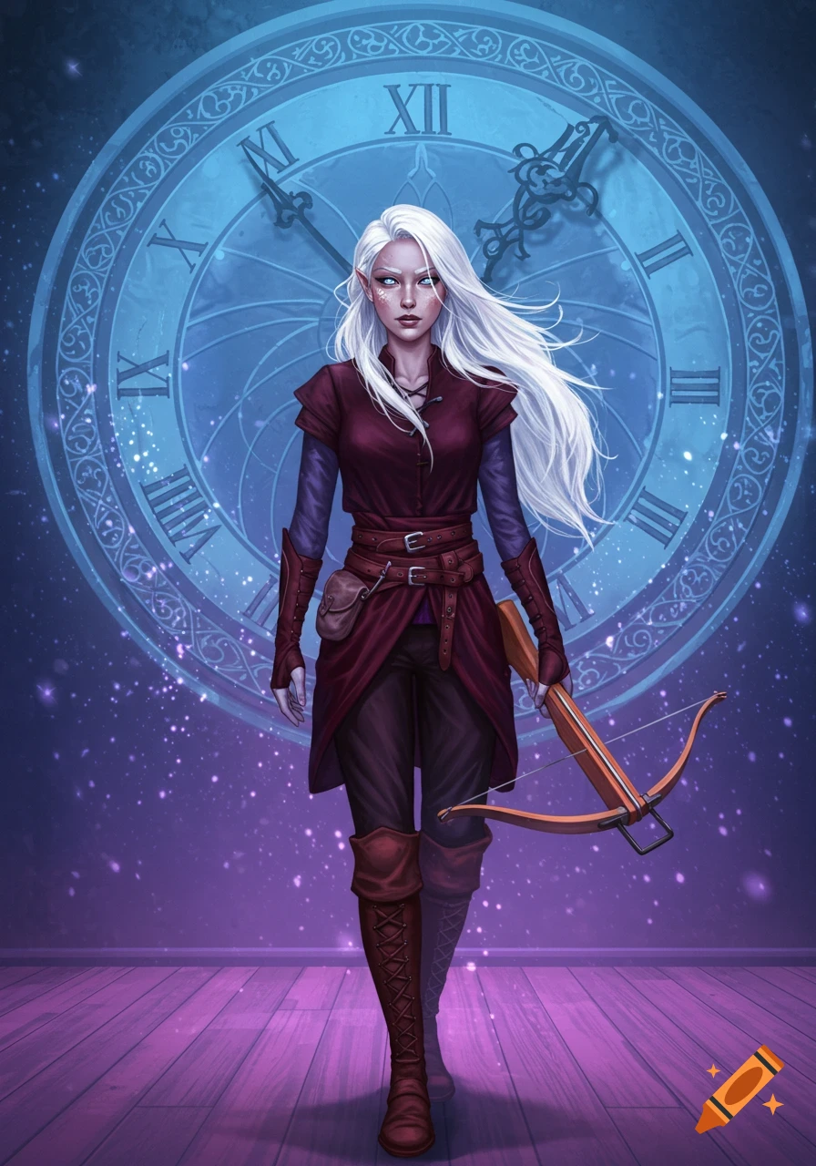 A white-haired female elf in a dark red outfit holds a crossbow, standing before a giant blue clock on a sparkling purple floor.