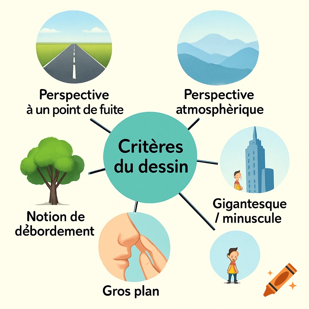 An educational mind map illustrating drawing criteria with concepts like perspective, scale, and close-up examples.