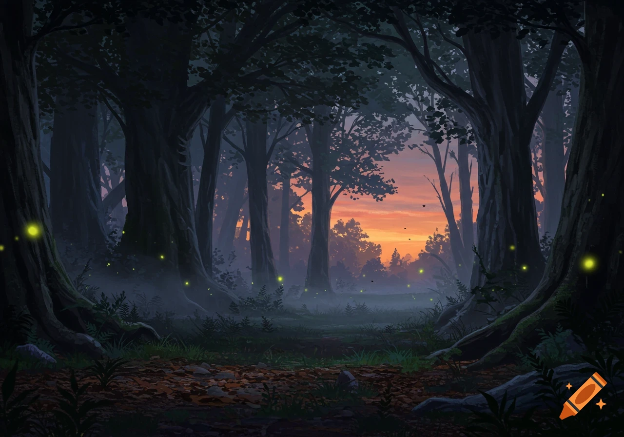 A dark forest at twilight with numerous glowing fireflies and mist rising from the ground, viewed through silhouetted trees against an orange sunset sky.