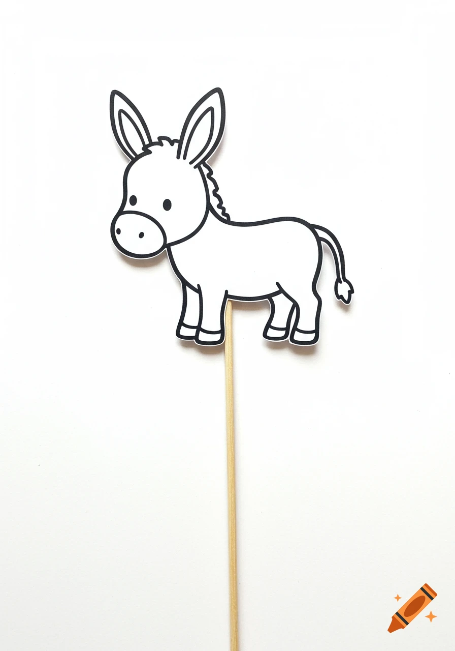 A simple black and white cartoon donkey cut-out on a wooden stick against a white background.
