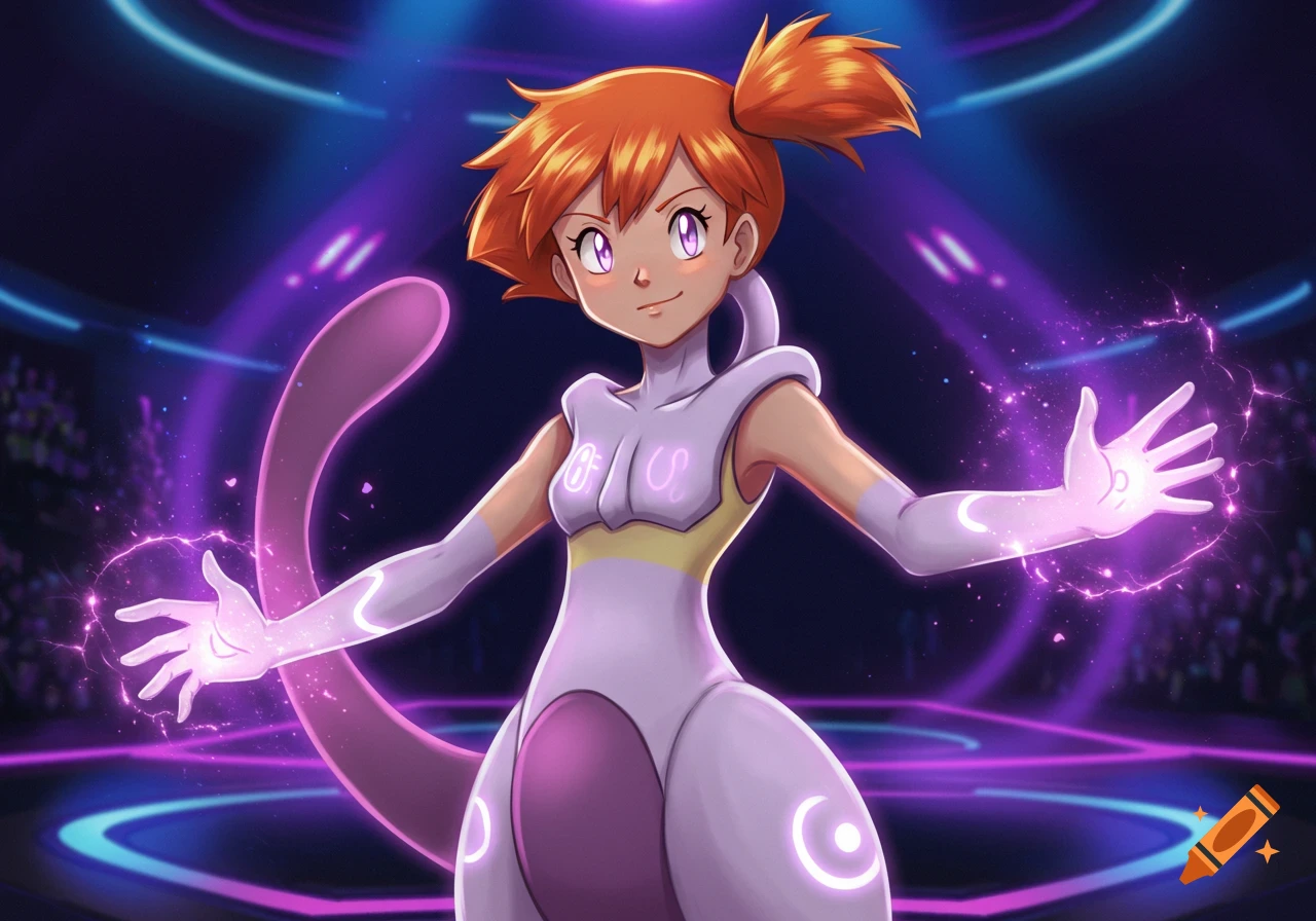Misty as a Mewtwo fusion in a futuristic suit, surrounded by glowing purple energy with a tail, in a dark neon-lit arena.