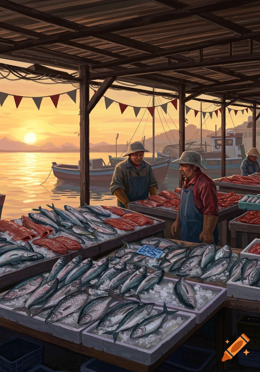 Illustration of a bustling fish market at sunset with vendors, trays of fish, and boats in a harbor.
