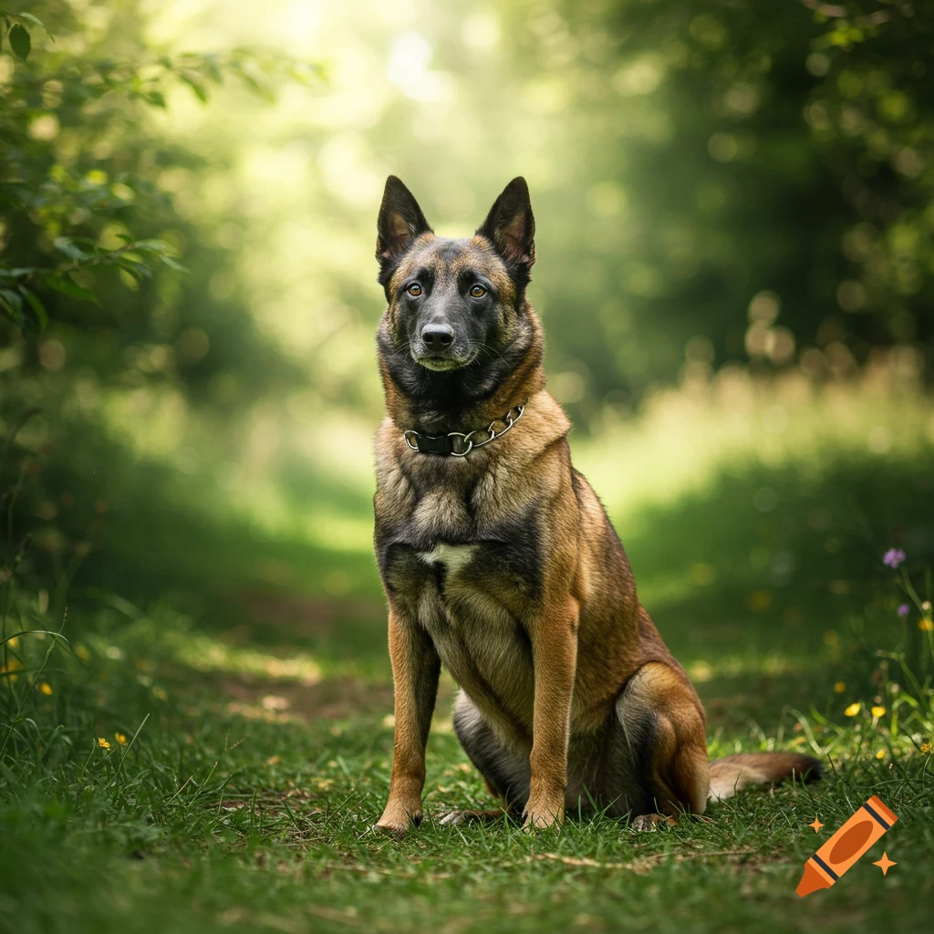 A photorealistic Belgian Malinois dog with brown and black fur sits proudly on a grassy path in a lush, green forest.