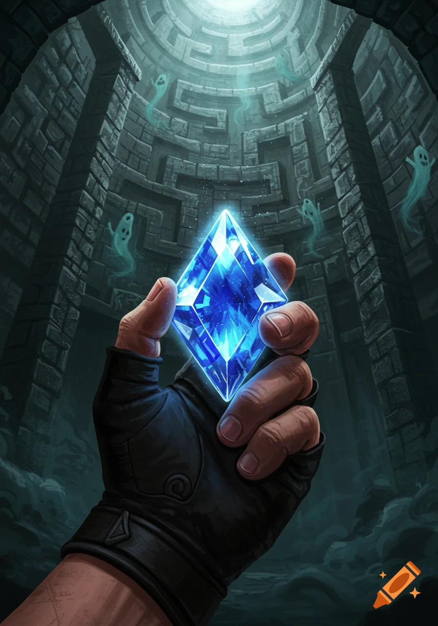 An adventurer's gloved hand holds a glowing blue sapphire in a haunting labyrinth with wispy ghosts, in a fantasy art style.