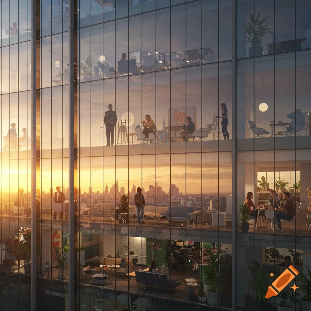 View of a modern glass skyscraper with people in various rooms and offices, overlooking a city skyline at sunset. Photorealistic.