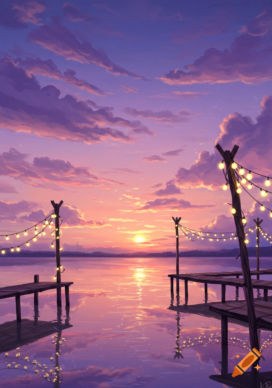 Vibrant illustration of a sunset over water with wooden docks and glowing string lights.