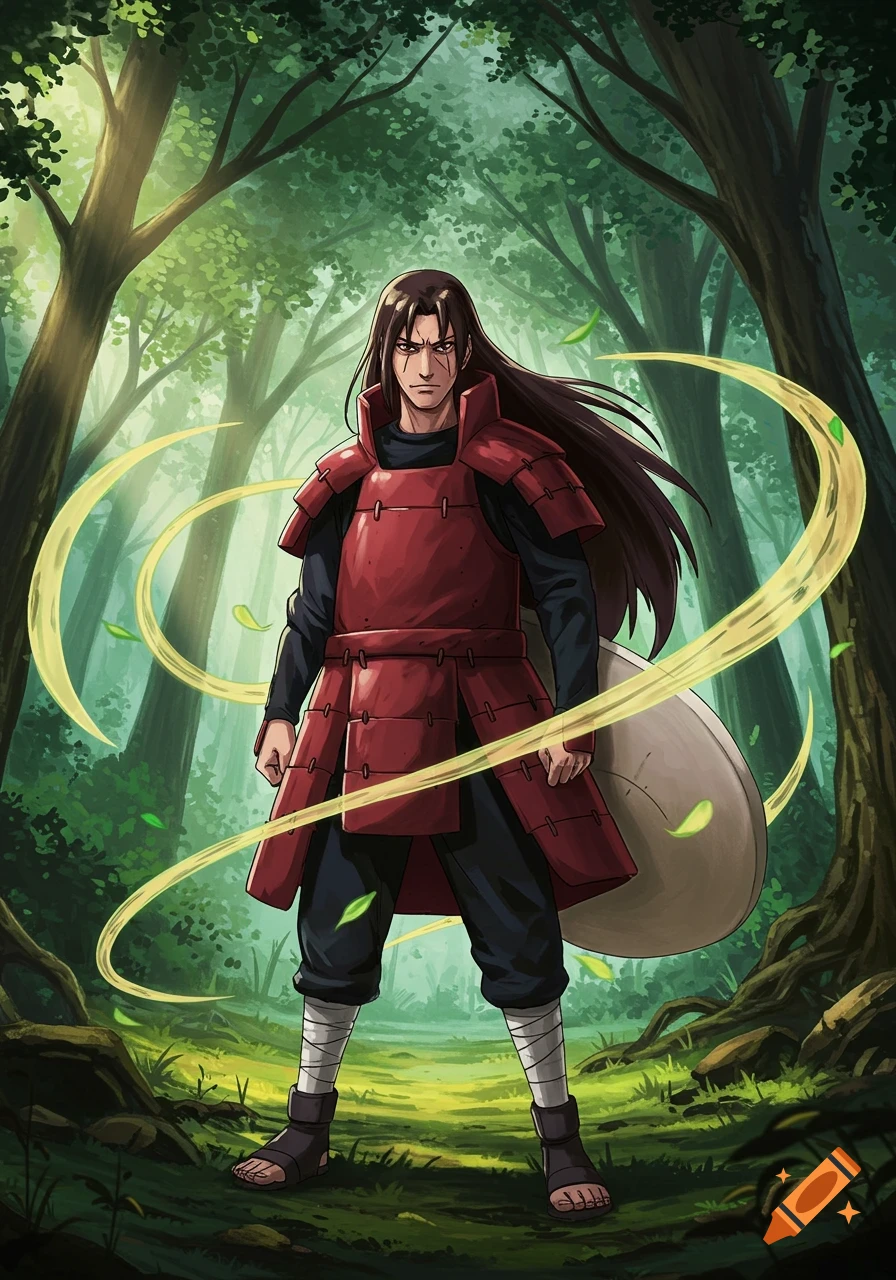 Anime illustration of Hashirama, a serious man in red samurai armor, standing in a sunlit green forest with swirling yellow energy.