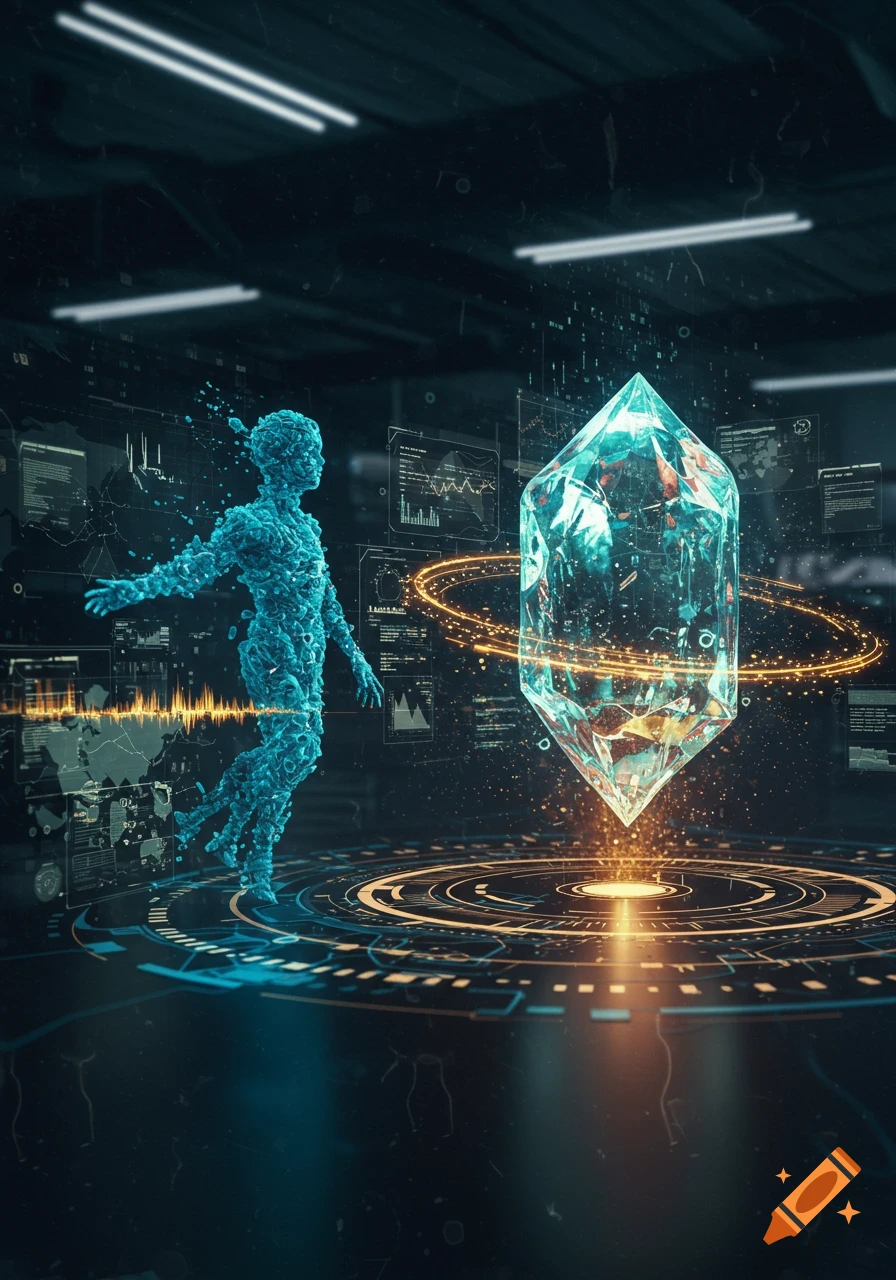 A glowing, particle-like blue humanoid stands next to a large, luminous crystal in a dark, futuristic digital environment with holographic data screens.