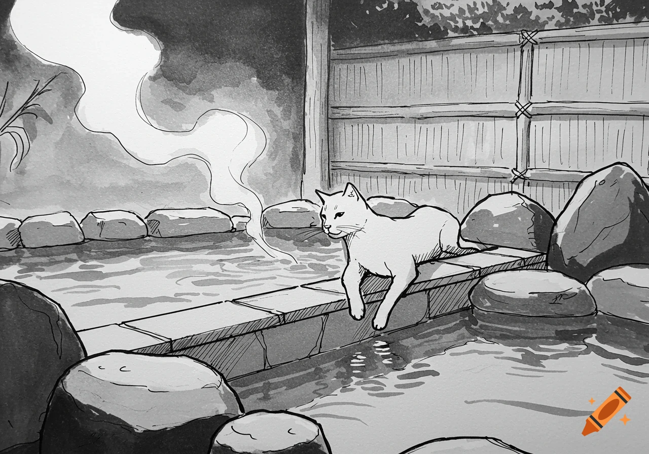Black and white line art of a white cat perched on the edge of a steaming onsen, with rocks and a bamboo fence.