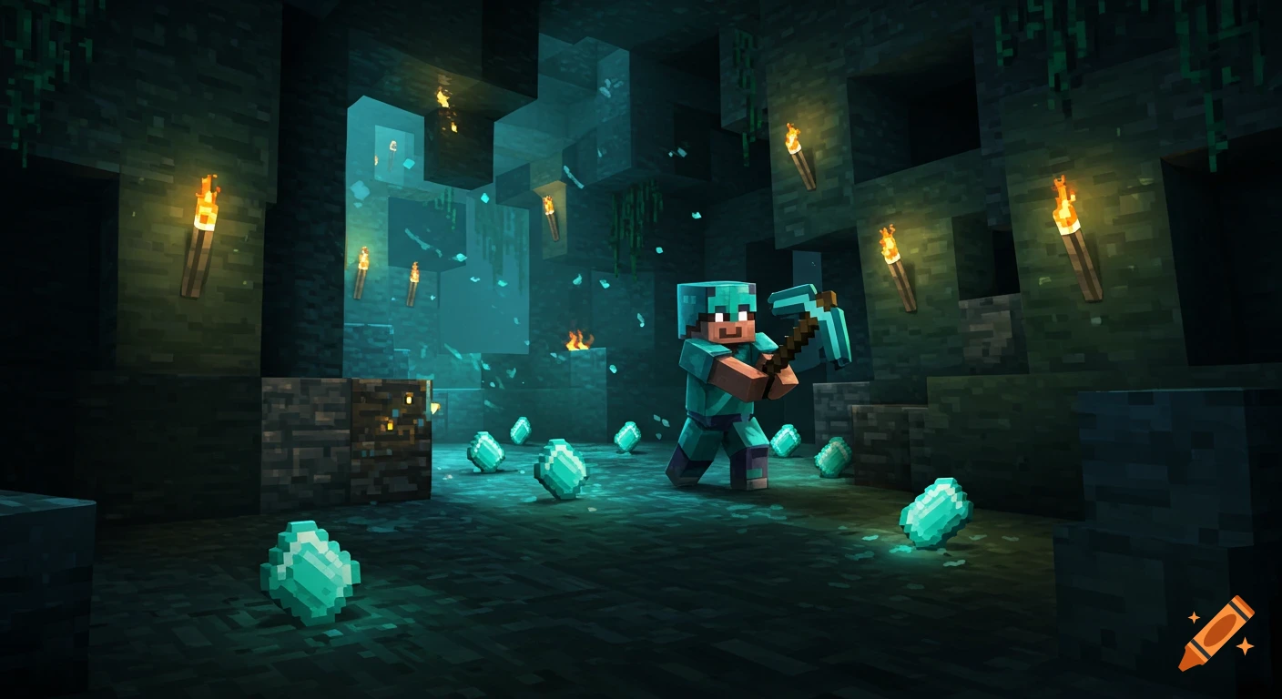 A Minecraft character in diamond armor mines glowing diamonds in a dark cave lit by torches.