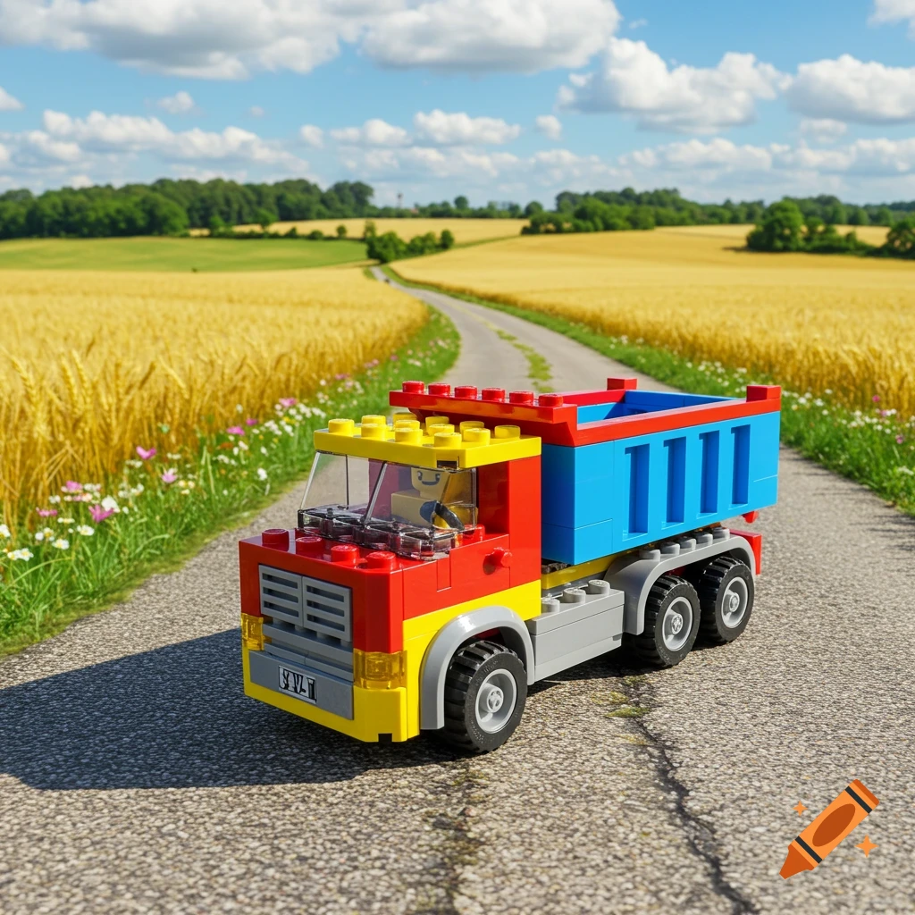 A red, yellow, and blue Lego dump truck drives on a winding gravel road through golden wheat fields under a blue sky with white clouds.