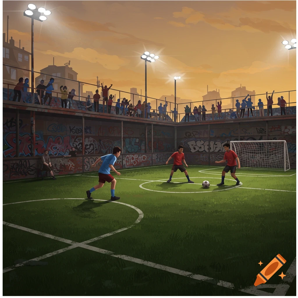 An illustrated street football pitch at sunset with players on the field and spectators on a viewing balcony above graffiti-covered walls.