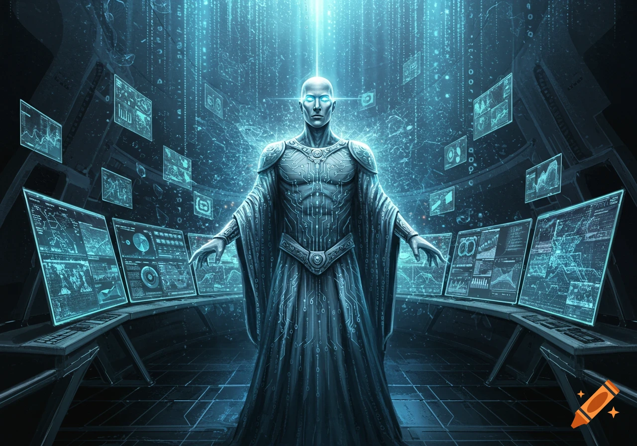 A powerful, bald, god-like figure with glowing blue eyes and circuitry patterns on its body and robe stands amidst a futuristic control room with multiple glowing digital screens displaying data and binary code streaming from above.