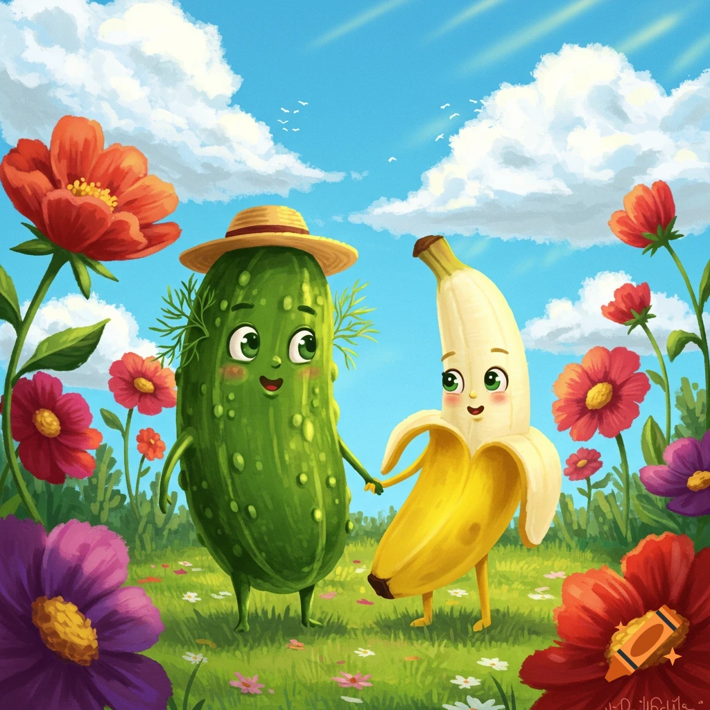 Cartoon illustration of a smiling personified dill pickle and a banana holding hands in a flowery field.